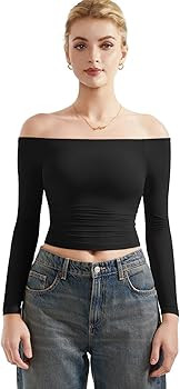 SUUKSESS Women Off Shoulder Double Lined Long Sleeve Shirts Basic Going Out Tops | Amazon (US)