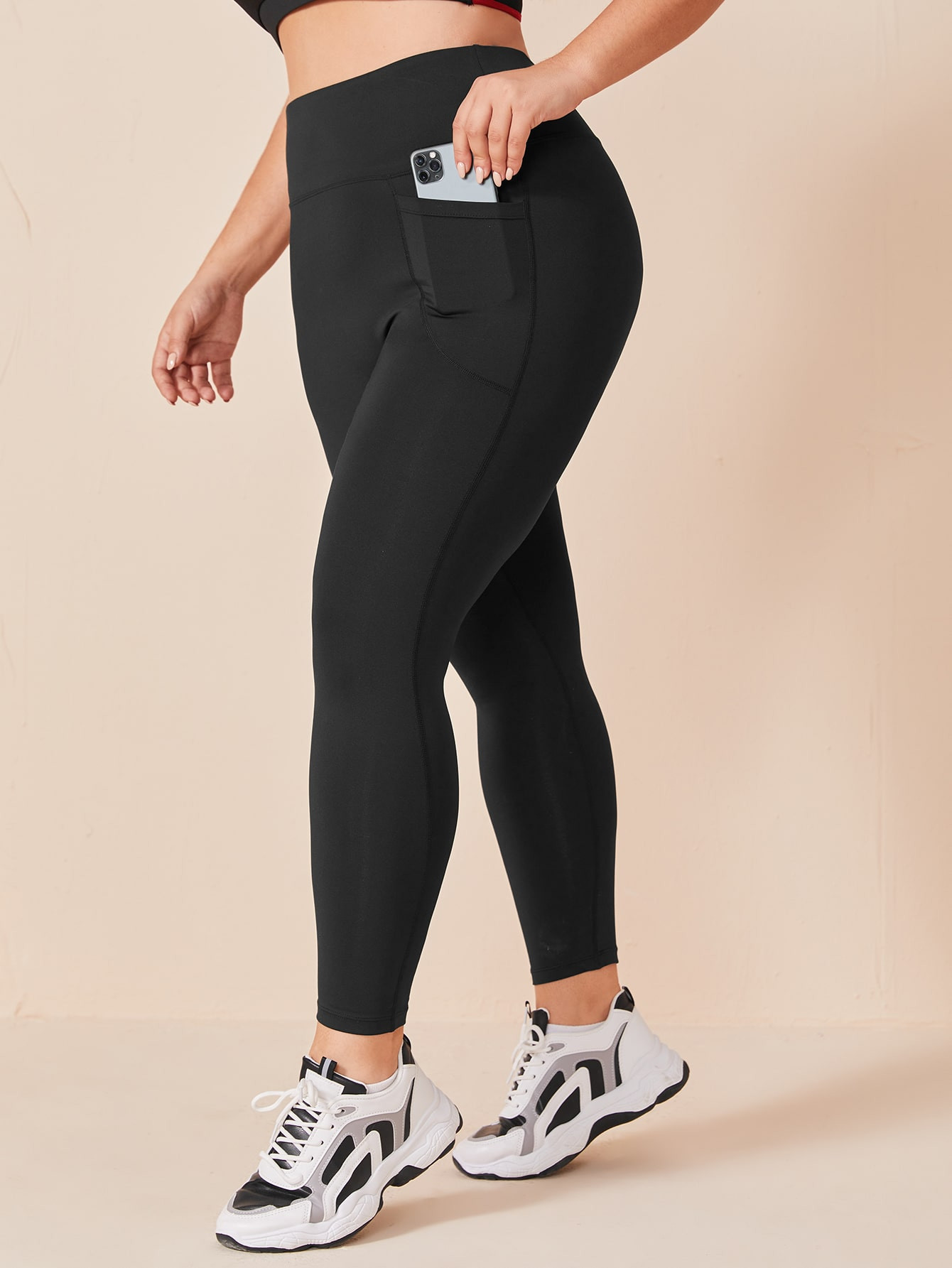 Yoga Basic Plus Stitch Sports Leggings With Phone Pocket | SHEIN