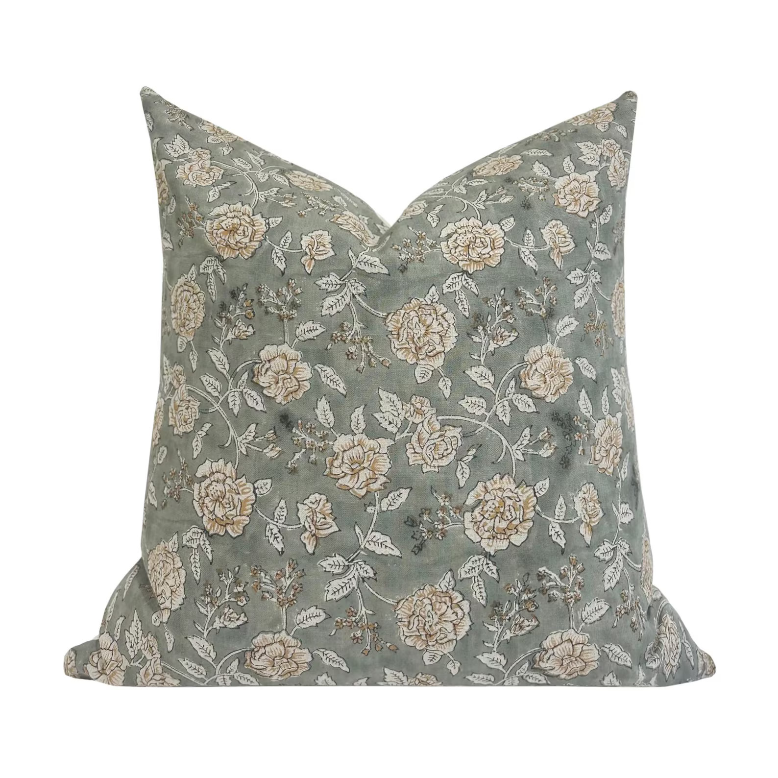 LILLIAN || Designer Floral Linen Pillow Cover, Gray Blue Pillow, Hand Block Print Pillow, Block L... | Etsy (US)