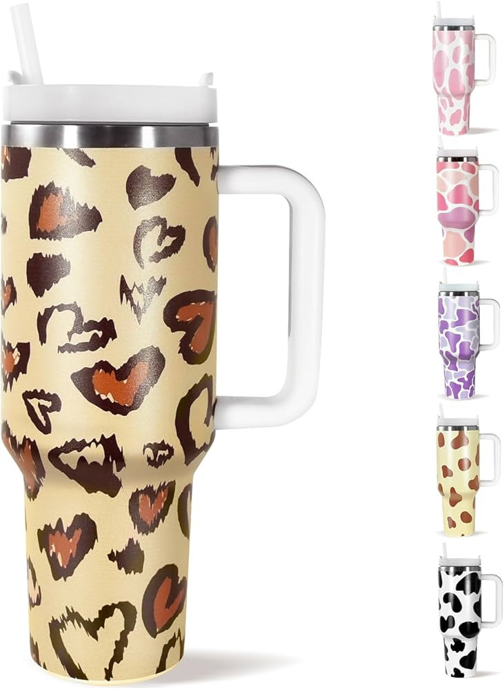Vaso de 40 oz con estampado de vaca con tapa y pajilla, vaso aislado al vacío de acero inoxidabl... | Amazon (US)