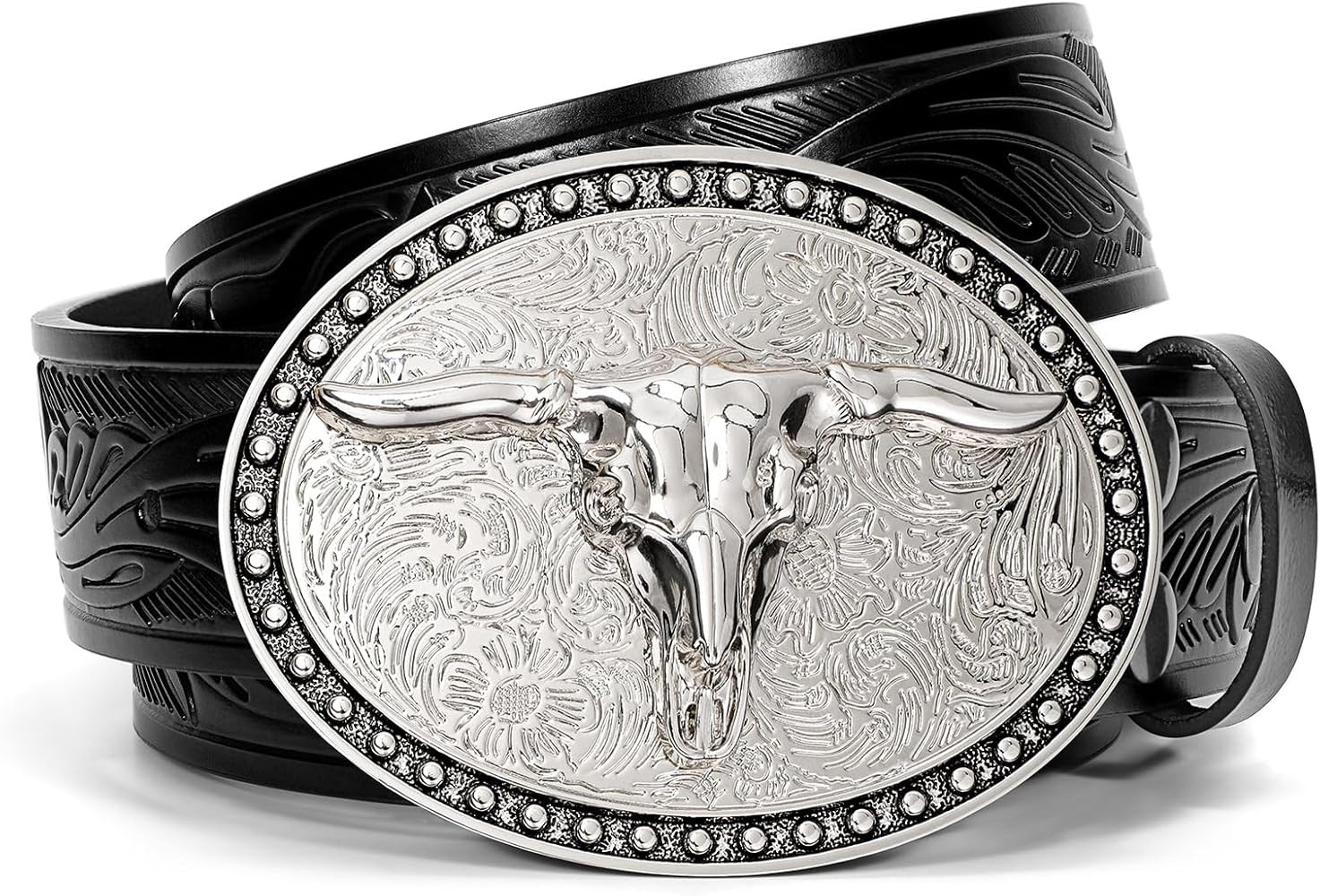 SANSTHS Western Belt Cowboy Belts for Men Women, Western Leather Belts Bull Buckle Belt Embossed ... | Amazon (US)