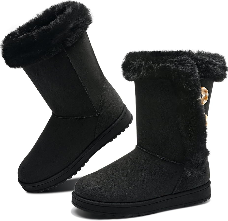 Obtaom Women’s winter snow boots Short Mid Calf fashion boot Art Resin button Faux Suede boots ... | Amazon (US)