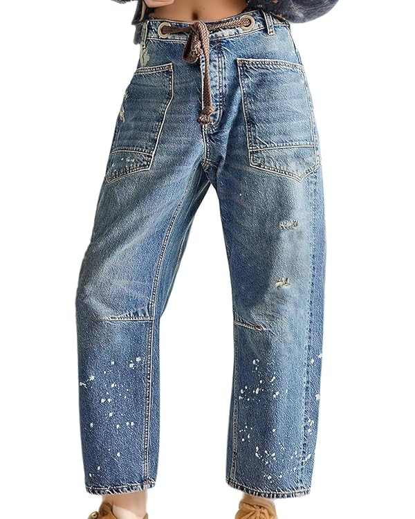 Womens Moxie Pull-On Barrel Jeans Mid-Low Rise Boyfriend Drawstring Ankle Baggy Jeans Elastic Wai... | Amazon (US)