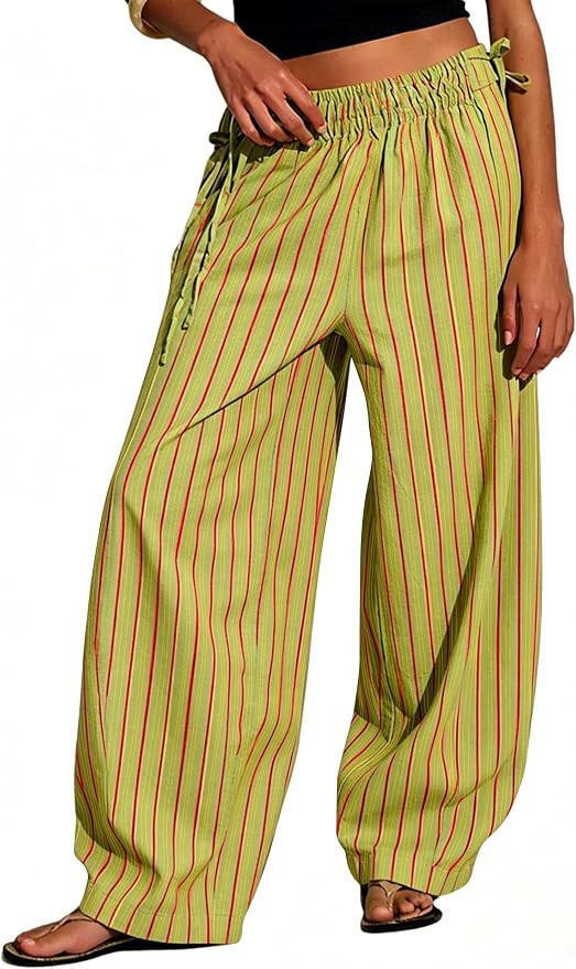 Women Drawstring Striped Wide Leg Pants Summer Causal Barrel Loose Elastic Low Waist Palazzo Hare... | Amazon (US)