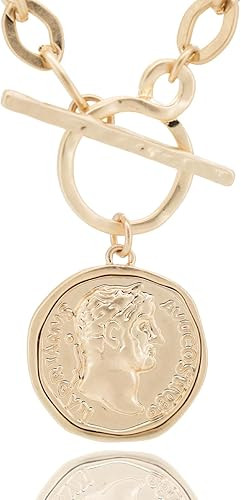 Chunky Coin Antique Gold Plated Thick Link Chain Layered Pendant Necklace for Women 18 Inch Trend... | Amazon (US)