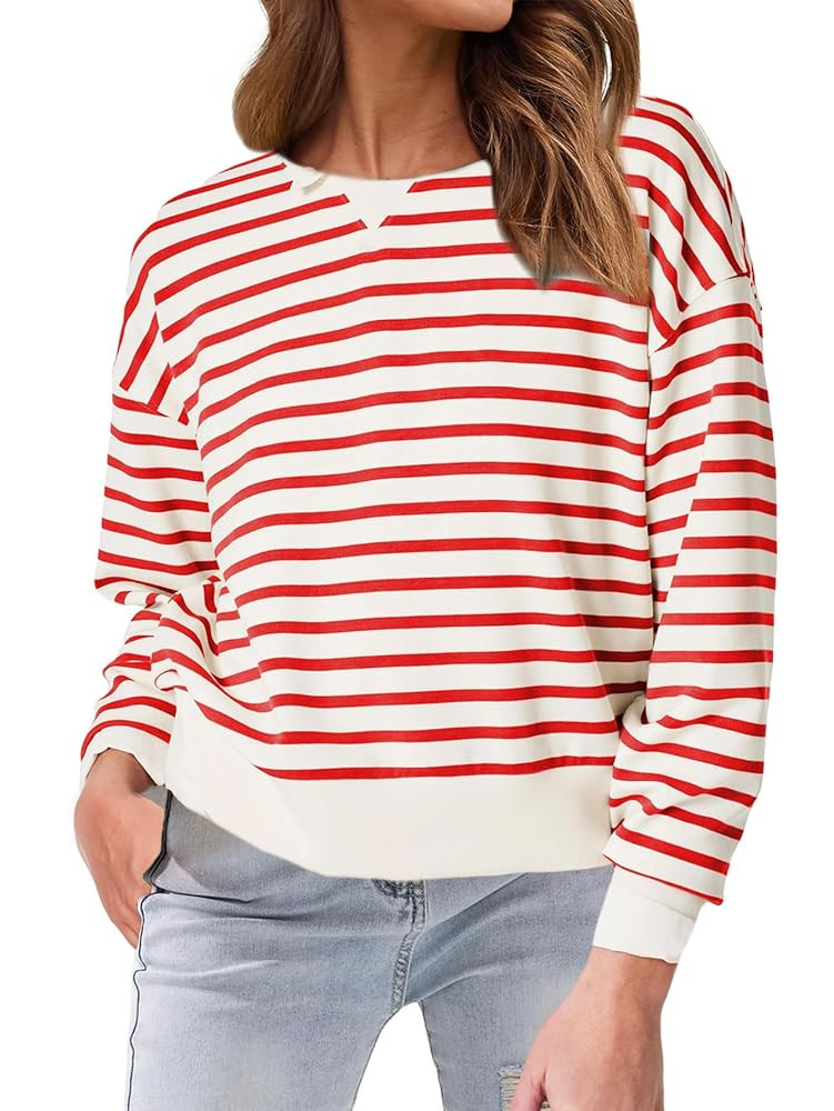 Glamaker Women's Crewneck Cropped Sweatshirt Pullover Stripe Air Essentials Basic Long Sleeve Shi... | Amazon (US)