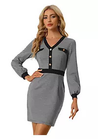 Women's V Neck Long Sleeve Pencil Sheath Houndstooth Bodycon Dress | Belk