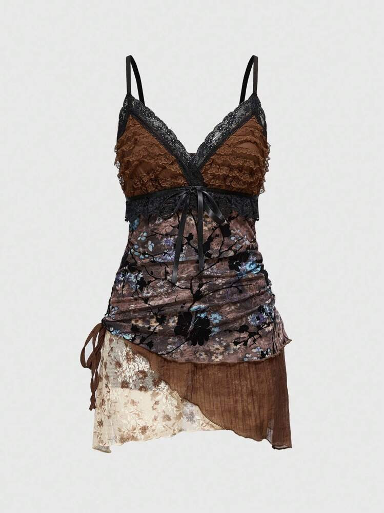 ROMWE Hippie Spring/Summer Valentine's Day Women's Vintage Flower Flocked Ruched Asymmetrical Hem Layered Mini Dress | SHEIN