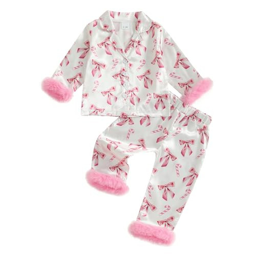 Toddler Baby Girls Silk Satin Pajamas Set Feather Trim Long Sleeve Botton Shirt Tops Pajama Pant Fuzzy Lounge Pjs (Pink Bow Candy cane, 6-12 Months) | Amazon (US)