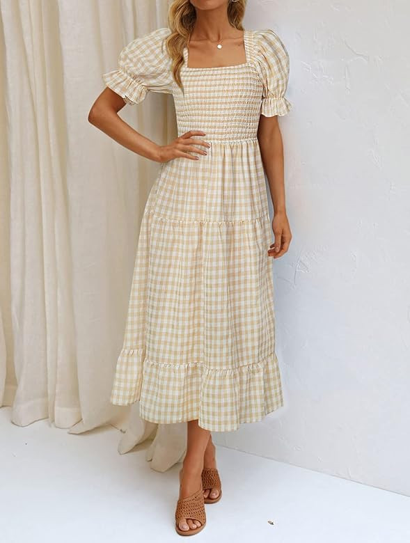 MEROKEETY Women's Plaid Square Neck Ruffle Puff Sleeve Midi Dress Summer Boho Backless Smocked Dress | Amazon (US)