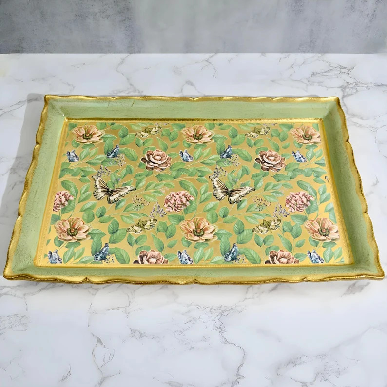 Florentine Carved Wood Decoupage Tray, Floral & Butterflies - Etsy | Etsy (US)