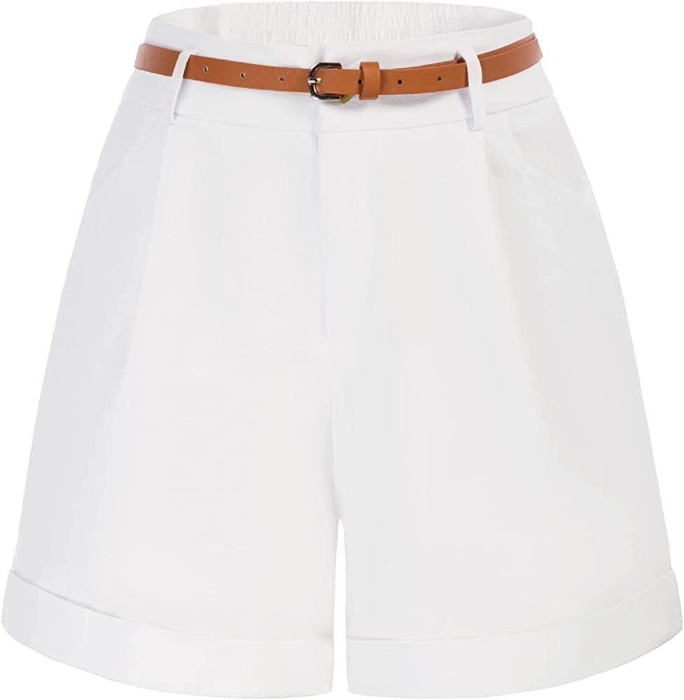 Belle Poque Women Bermuda Shorts Elastic Waist Wide Leg Shorts with Pockets & Belts | Amazon (US)