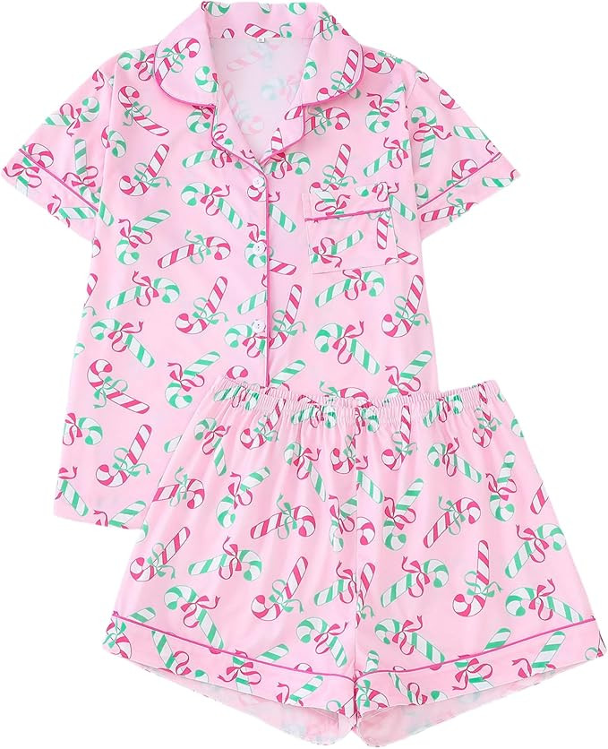 Christmas Essentials Santa Claus Print Women's Pajama Set Short Sleeve with Button Pocket and Cas... | Amazon (US)