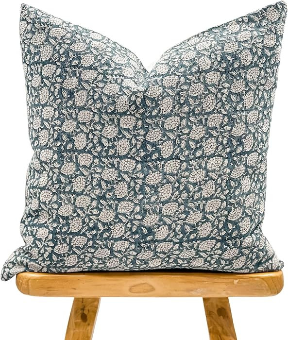 Designer Floral Teal Blue on Natural Linen Pillow Cover, Blue Pillow Cover, Boho Pillow, Decorative Throw Pillow, Floral Pillow Cover (Teal Blue, 24"x24") | Amazon (US)