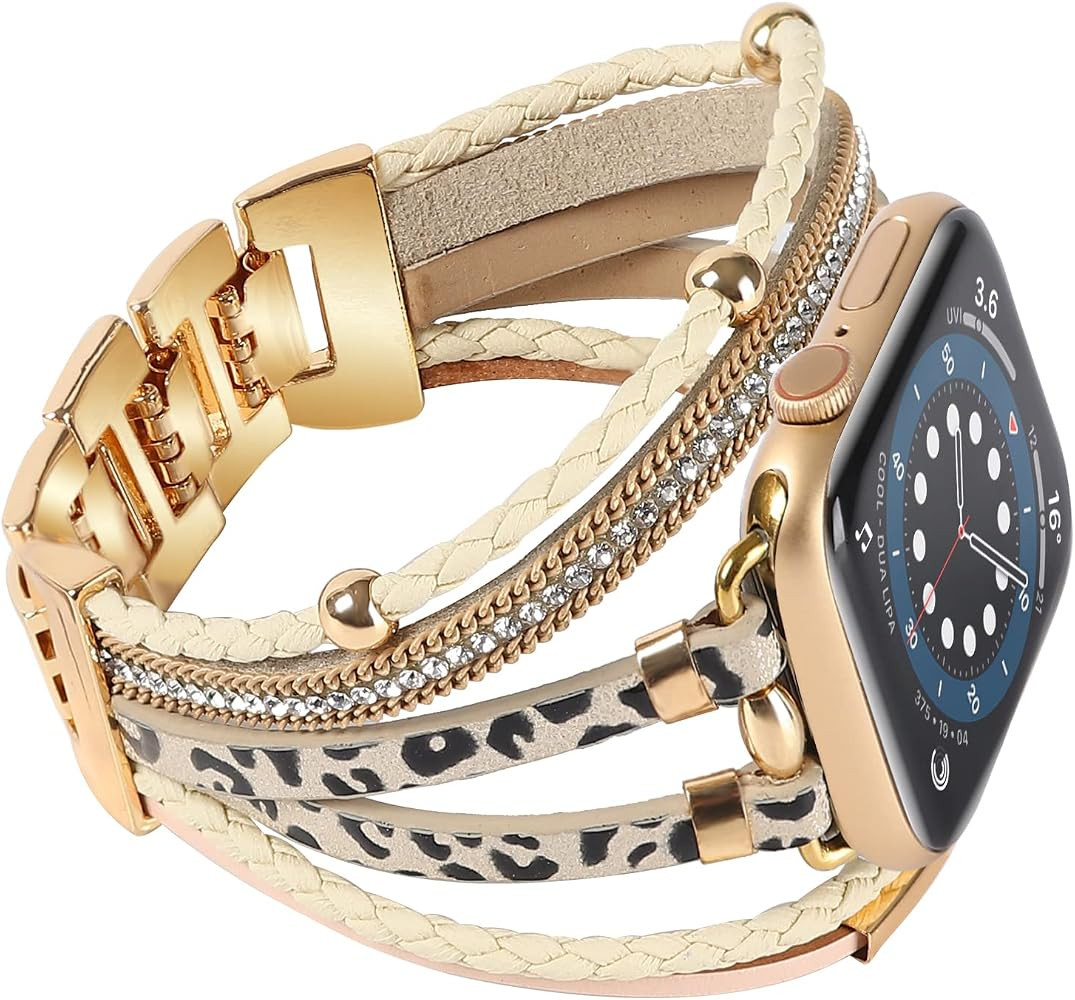 WONMILLE Posh Leather Bands Compatible With Apple Watch 41mm 40mm 38mm 45mm 44mm 42mm Women, Boho Br | Amazon (US)