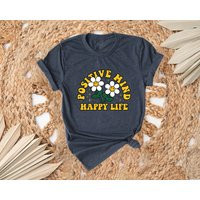 Positive Mind Happy Life Shirt, Inspirational Motivational Vibes Floral Typography Shirt | Etsy (US)