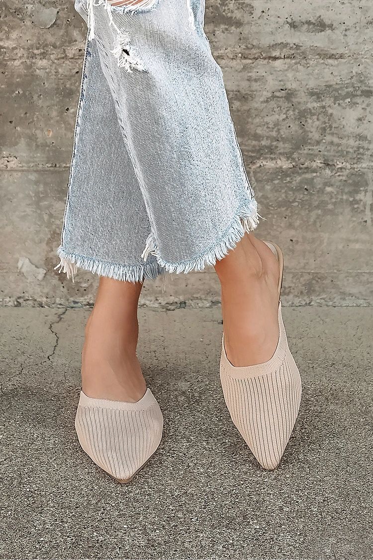 Jeaney Light Nude Ribbed Knit Pointed-Toe Mule Slides | Lulus