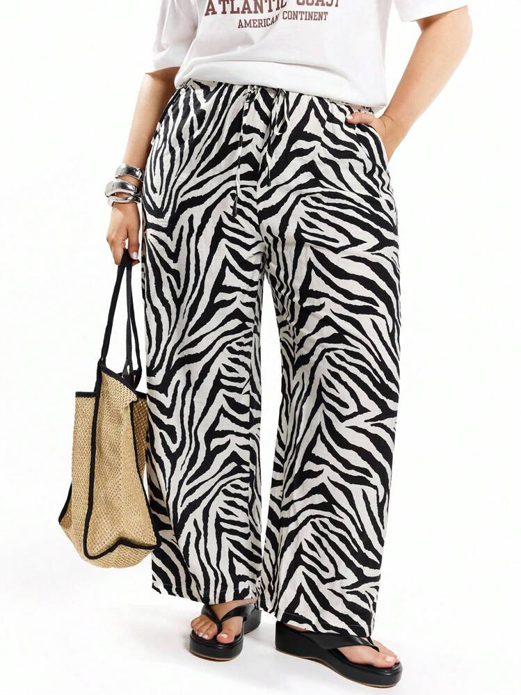 Solavibe Black & White Zebra Striped Casual Straight Leg Plus Size Pants Summer Pants,Business Casual Woman | SHEIN