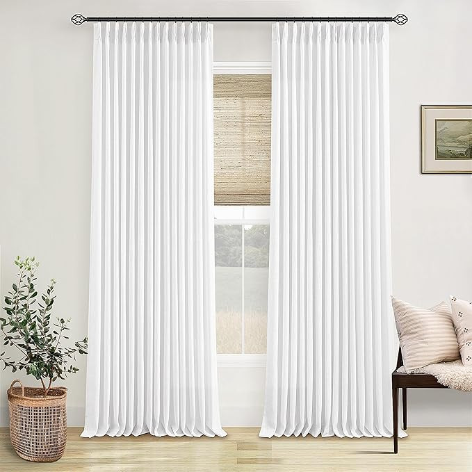 Thick Linen White Curtains 90 Inches Long for Living Room Bedroon Aesthetic Pinch Pleated Drapes ... | Amazon (US)