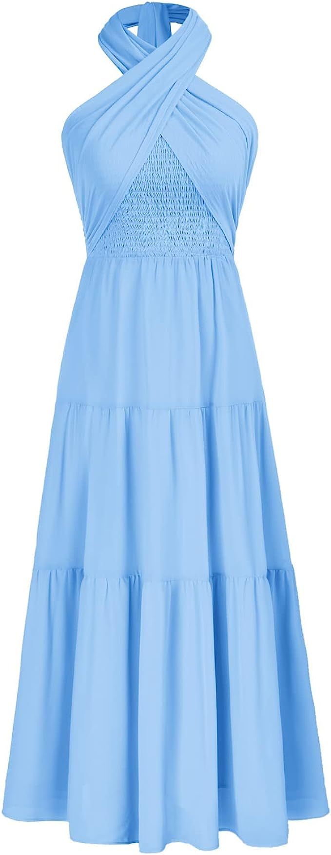 GRACE KARIN Women's 2023 Summer Casual Dress Halter Neck Sleeveless Smocked A Line Flowy Midi Dre... | Amazon (US)