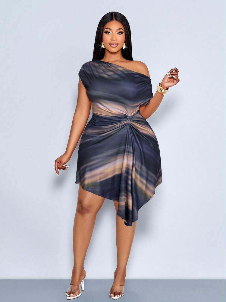 SOLERSUN Plus-Size Women's Elegant Asymmetrical Neckline Gradient Pleated Mini Dress, Sleeveless Short Gradient Print Dress With Irregular Hem, Suitable For Dates, Parties, Wedding Guests, Graduation Ceremonies, Spring And Summer, Summer Vacation And Other Occasions. New Style, Suitable For Summer Vacation, Commuting, Dances, Graduation Season, Back-To-School Season, Etc., Elegant, Beautiful And Charming. | SHEIN