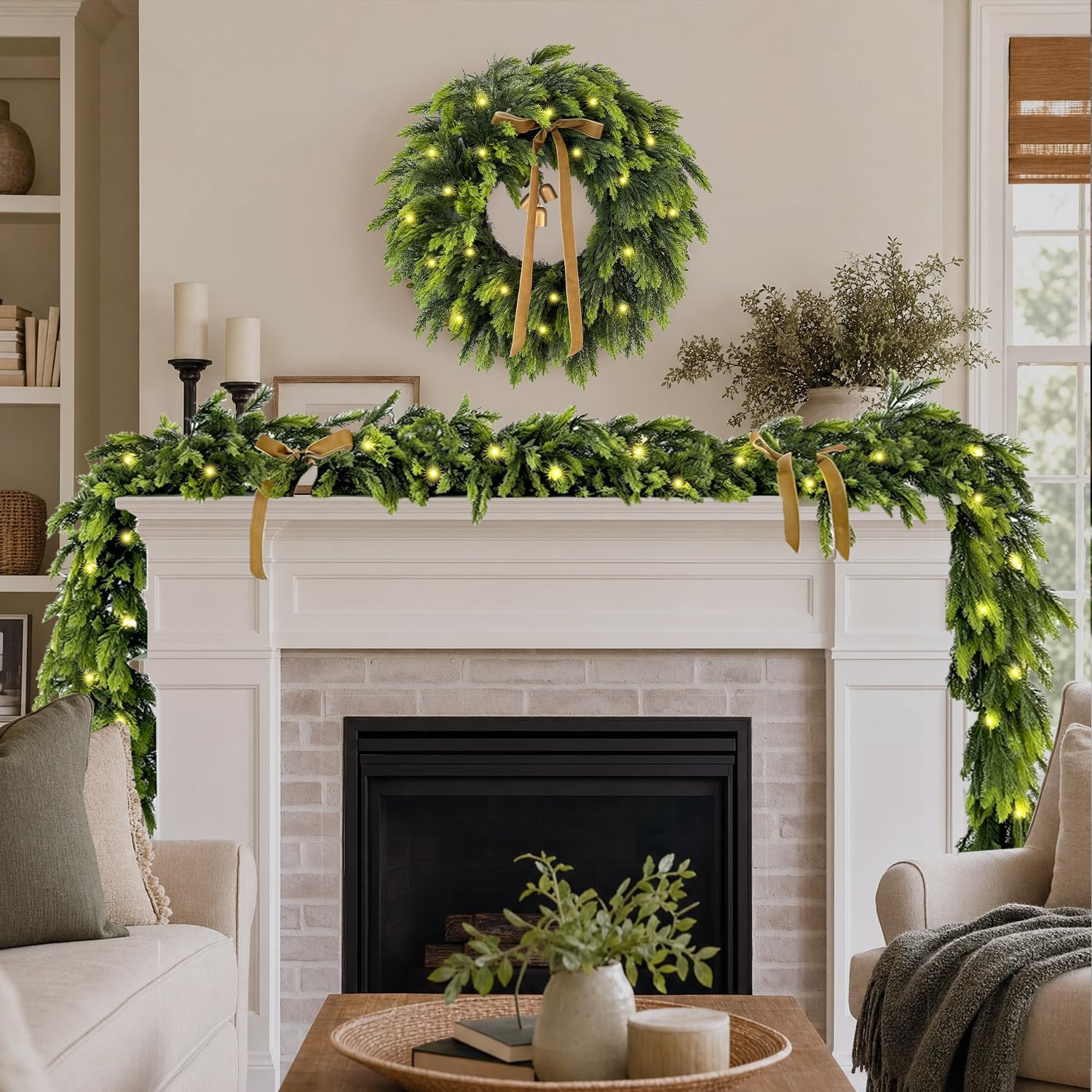 WANNA-CUL 9ft Real Touch Lighted Cedar Christmas Garland with Lights | Amazon (US)