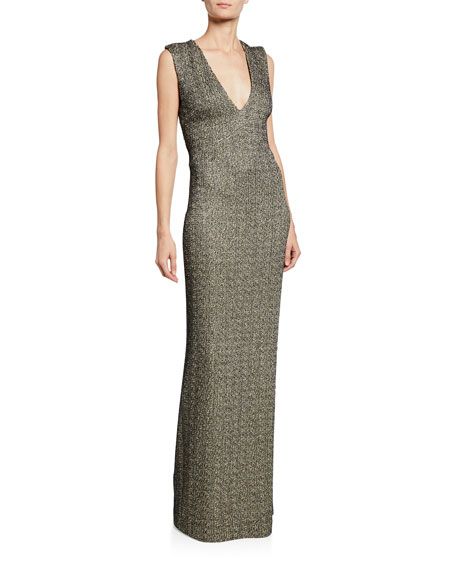 St. John Collection Shimmer Knit Column Gown w/ Crisscross Back | Neiman Marcus