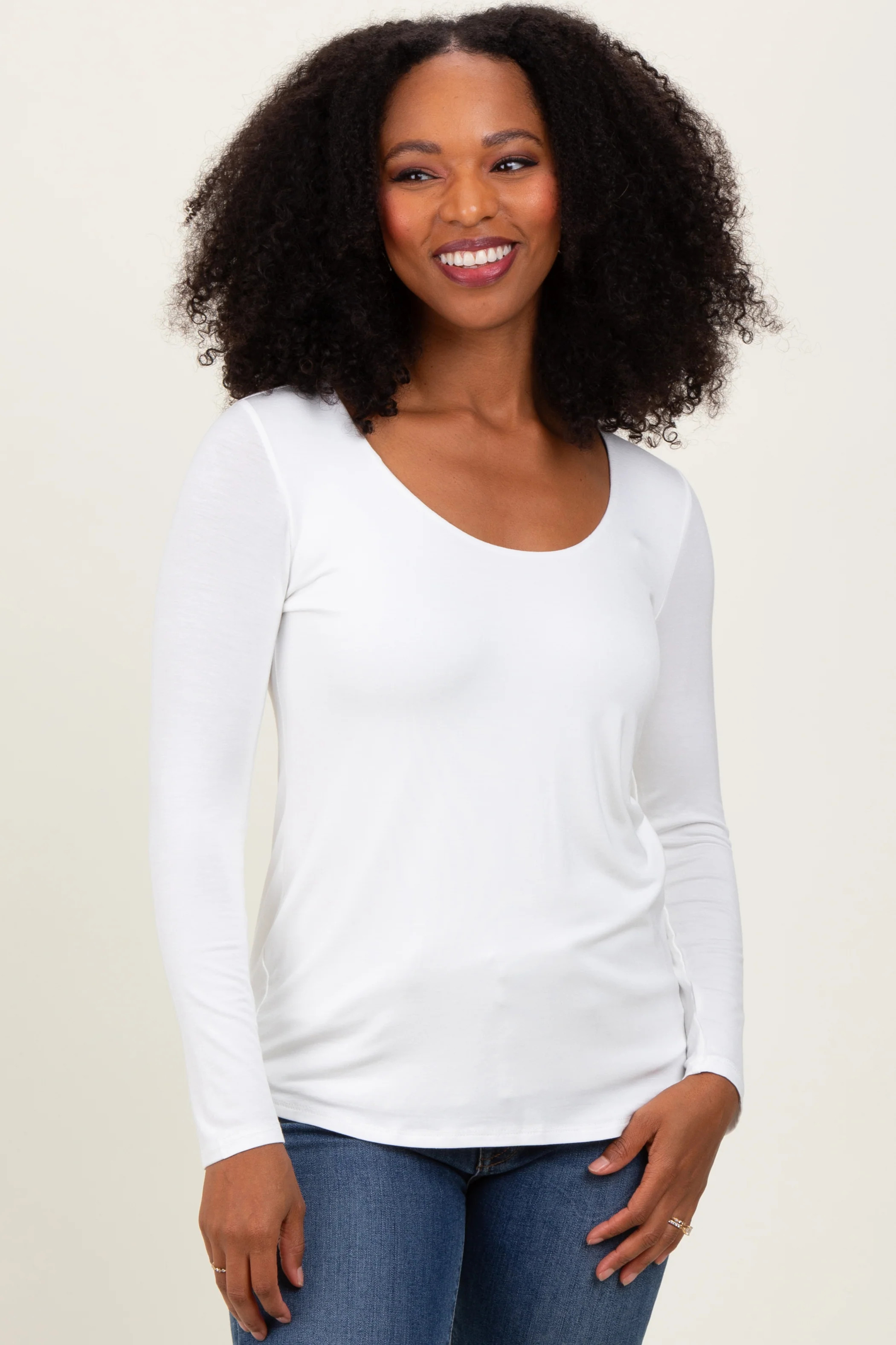 White Basic Scoop Neck Long Sleeve Top | PinkBlush Maternity