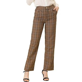 Allegra K Women's Plaid Pants Elastic Waist Casual Work Office Long Trousers | Amazon (US)