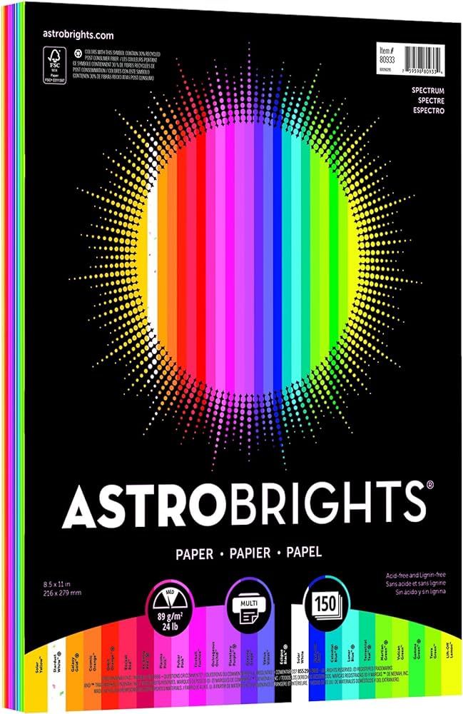 Astrobrights Color Paper, 8.5” x 11”, 24 lb/89 gsm,"Spectrum" 25-Color Assortment, 150 Sheets... | Amazon (US)