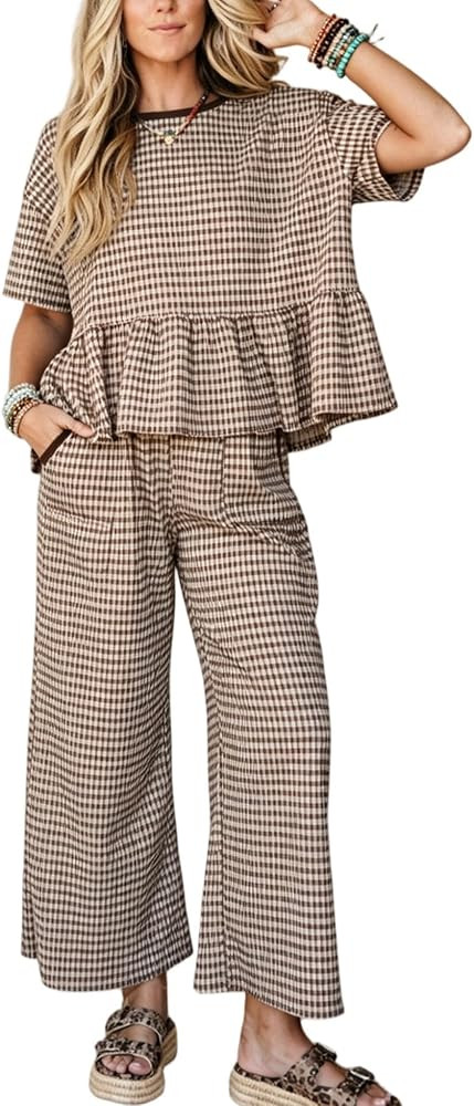 SeeLuNa Gingham Workout Sets for Women Baggy Short Sleeve Top Long Pants Sets Lounge Two Piece Ou... | Amazon (US)