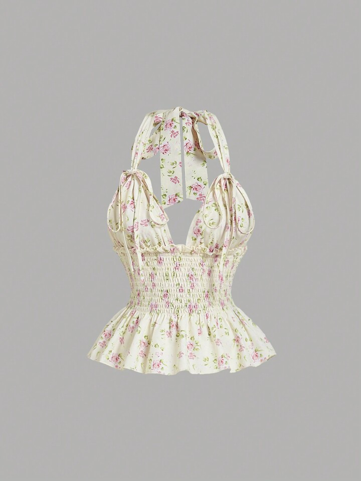 SHEIN MOD Floral Print Ruffle Halter Neck Women Blouse, Bow Decor, Ruffle Hem, Romantic, Holiday, Date,Valentine Day,Vacation Outfits Woman,Birthday Outfits For Women,Beach Outfits For Woman,Cute Tops | SHEIN