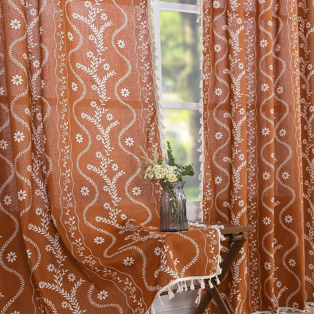 Terracotta Curtains 84 Inch Length Boho Farmhouse Curtains for Living Room 2 Panels, Linen Semi S... | Amazon (US)
