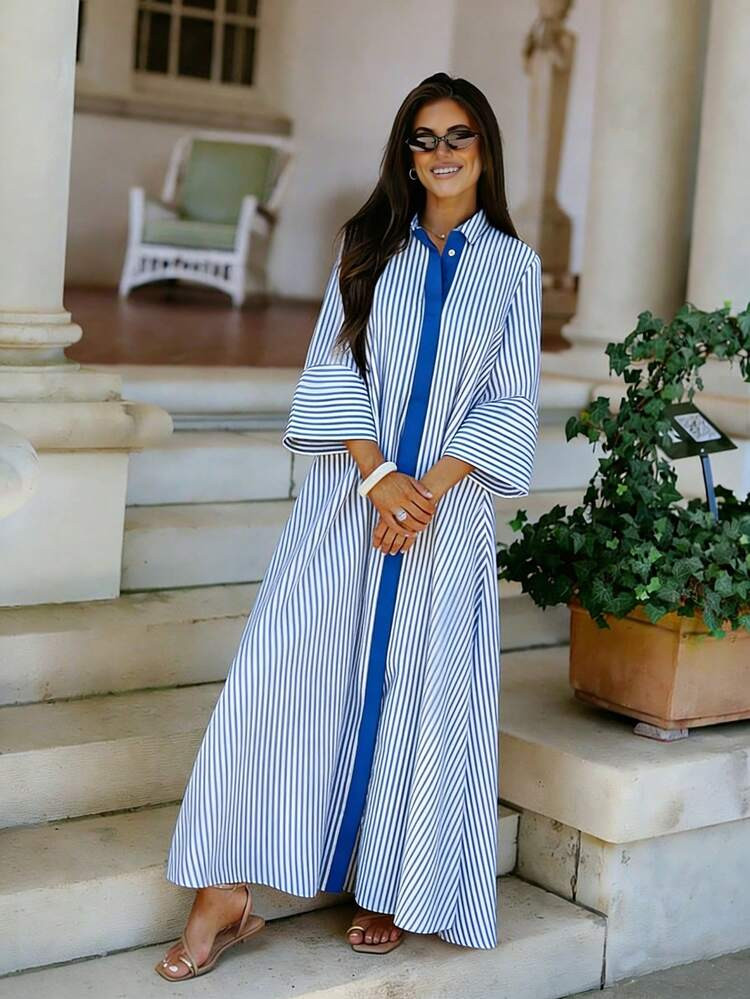 Spring/Summer New Fashion Women's Colorful Striped Shirt Dress, Casual Versatile Style Suitable For Daily Outing And Vacation, Front Center Button Contrast Color Detail, A-Line Flared Dress Elegant | SHEIN