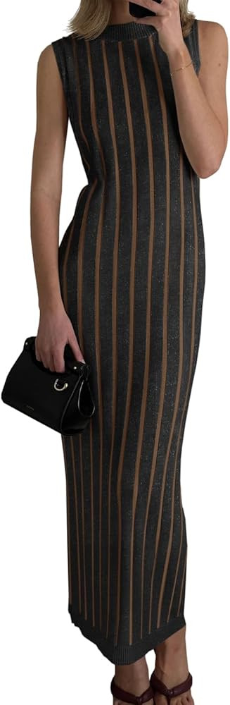 Wenrine Womens Sleeveless Sweater Dress Mock Neck Ribbed Knit Fall Tank Maxi Dresses | Amazon (US)