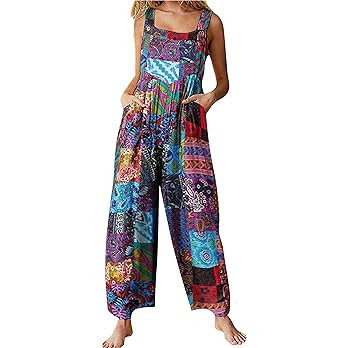 Himosyber Women's Patchwork Dual Pocket Jumpsuit Loose Floral Print Bohemian Wide Leg Bib Overall | Amazon (US)