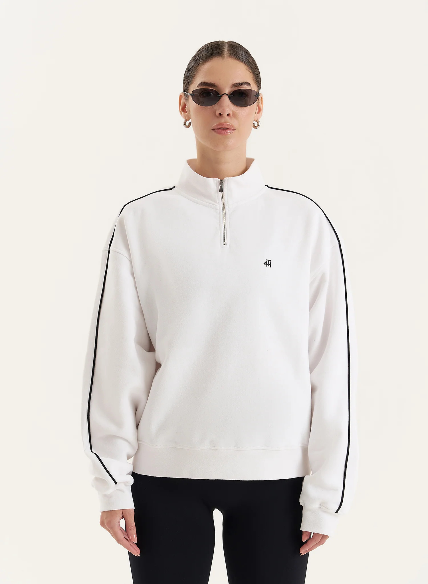 White Branded Half Zip Cropped Sweatshirt- Gilly | 4th & Reckless