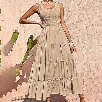 Womens Summer Dress 2024 Beach Casual Sleeveless Smocked Tiered Swing A Line Sundress Flowy Fashi... | Amazon (US)