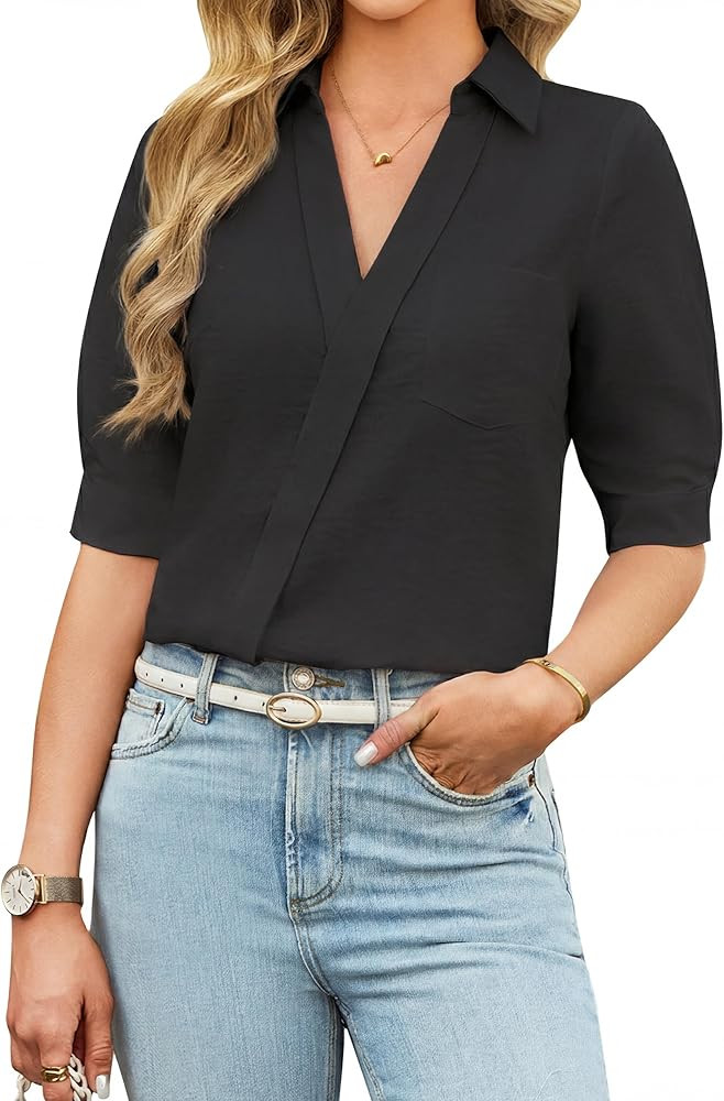 Blooming Jelly Women Collared Button Down Shirts Business Dressy Casual Blouses Work Pocket Pleat... | Amazon (US)