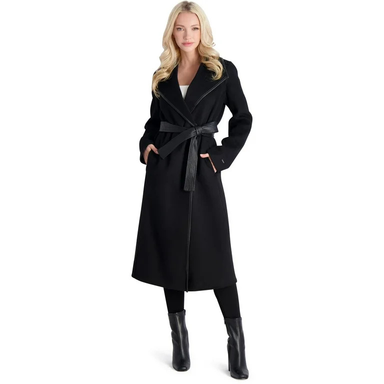 Tahari Juliette Women's Wool Blend Double Face Faux Leather Trim Belted Coat | Walmart (US)