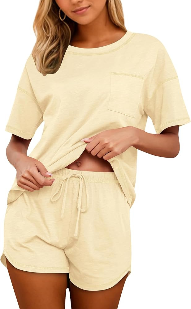 KCW Pajamas for Women Set 2 Piece 100% Cotton Lounge Sets Short Sleeve Top and Shorts Pj Set Slee... | Amazon (US)