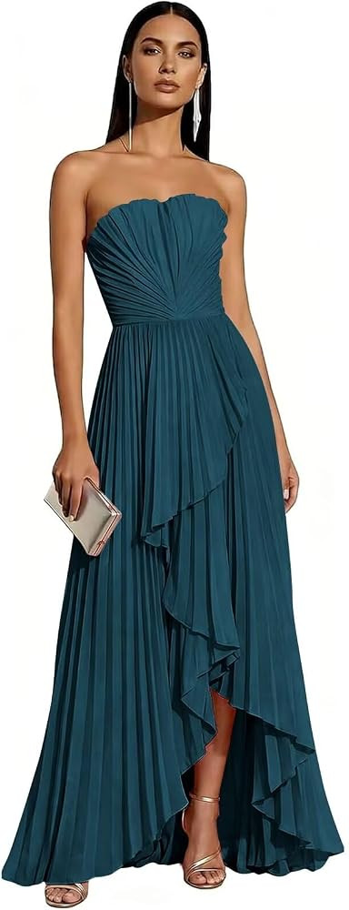 Strapless Bridesmaid Dresses for Women 2026 Pleated Satin Hi-Lo Formal Dress for Wedding Guest | Amazon (US)