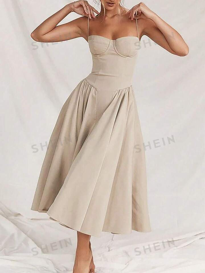 SHEIN Aloruh Women's Summer Elegant Khaki Long Cami Dress | SHEIN