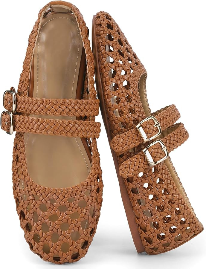 UBWDU Woven Mesh Ballet Flats for Women Double Buckle Mary Jane Flats | Amazon (US)