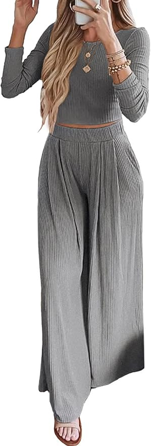 BTFBM Women Two Piece Outfits Crew Neck Long Sleeve Crop Top Loose Wide Leg Sweatpants Casual Rib... | Amazon (US)