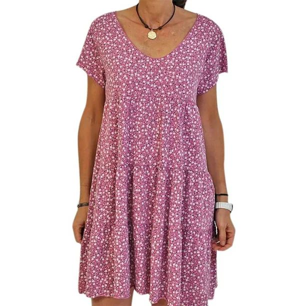 Women's Summer Plus Size Floral Short Sleeve Mini Dress Loose Swing Sundress | Walmart (US)