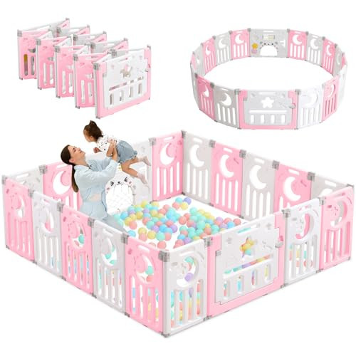 Baby Playpen, Dripex Baby Playard for Babies and Toddlers, 18-Panel Foldable Playpen Adjustable Portable Play Area, Indoor/Outdoor Kids Active Center with Game Panel & Safety Gate, Pink White | Amazon (US)