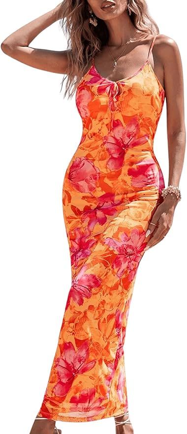 WDIRARA Women's Floral Print Tie Dye Spaghetti Strap Backless Fitted Cami Pencil Dress Summer Boh... | Amazon (US)