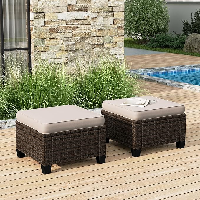 HERA'S HOUSE 2 Pieces Outdoor Patio Ottoman, Brown Rattan Wicker Ottomans, Outdoor Footstool Foot... | Amazon (US)