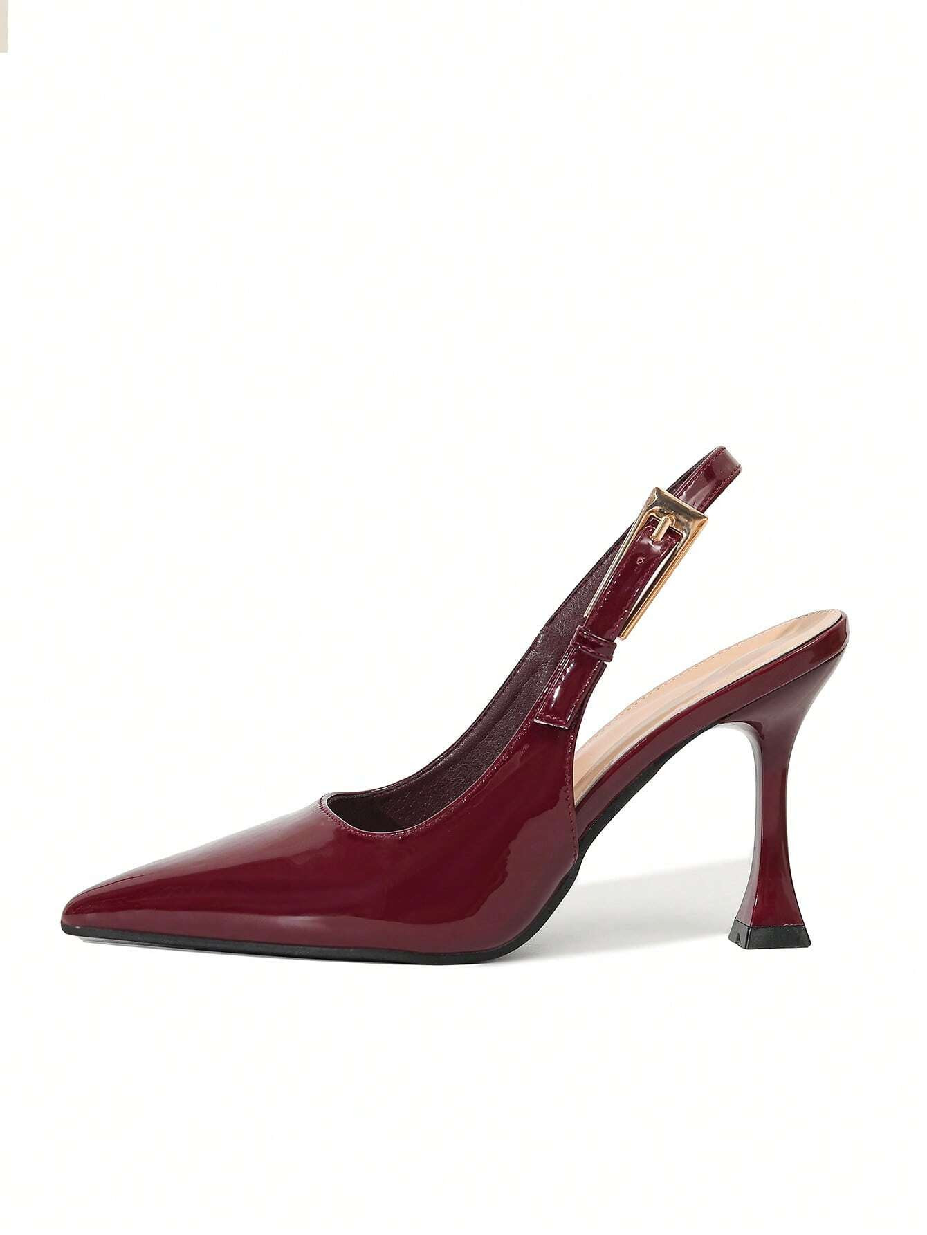 Women's Patent Leather Pointed Toe Wine Red High Heels With Metallic Buckle Ankle Strap | SHEIN